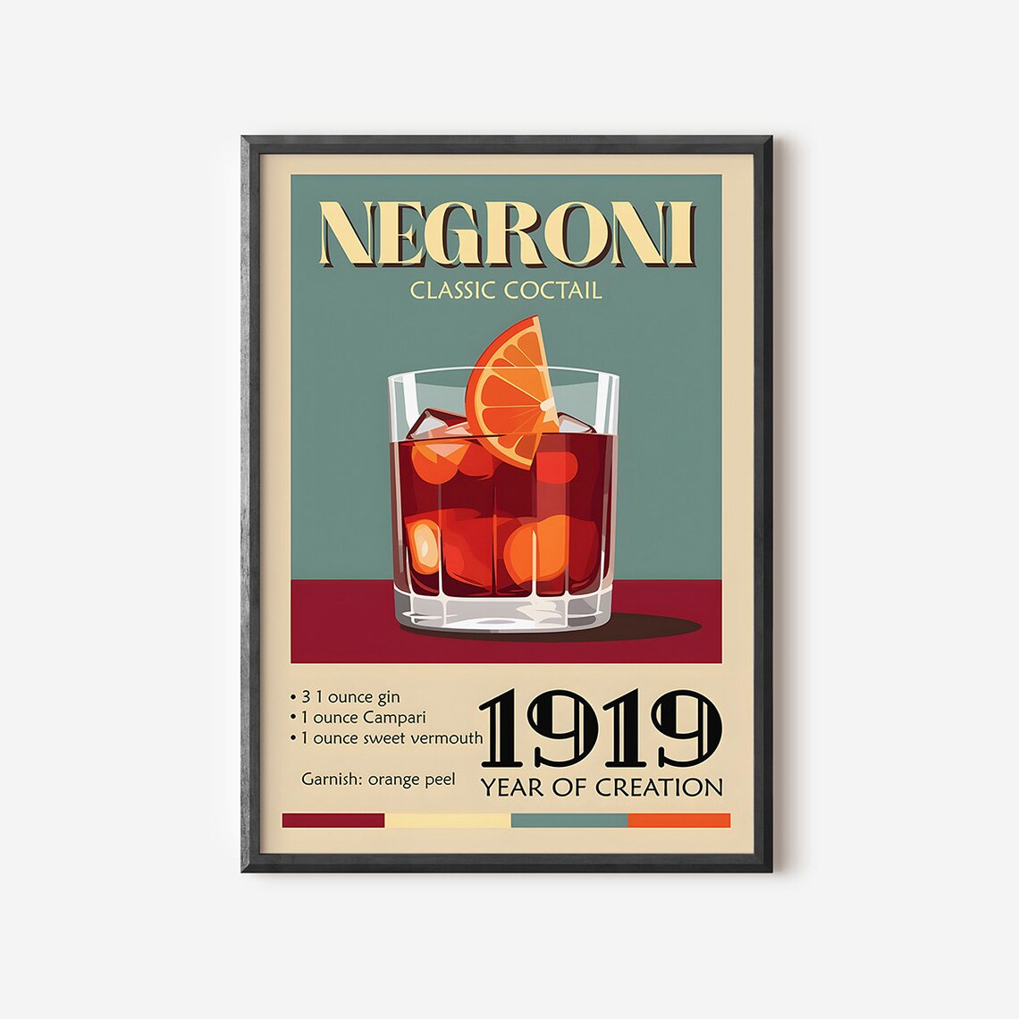 Negroni 1919 Classic Cocktail Recipe Vintage Bar Art Decor Poster