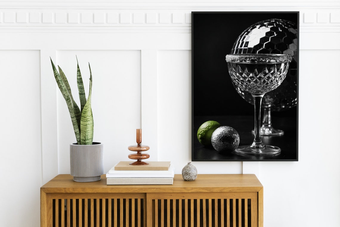 Disco Ball Tequila Coupe Glass Black and White Bar Cart Poster - Image 2