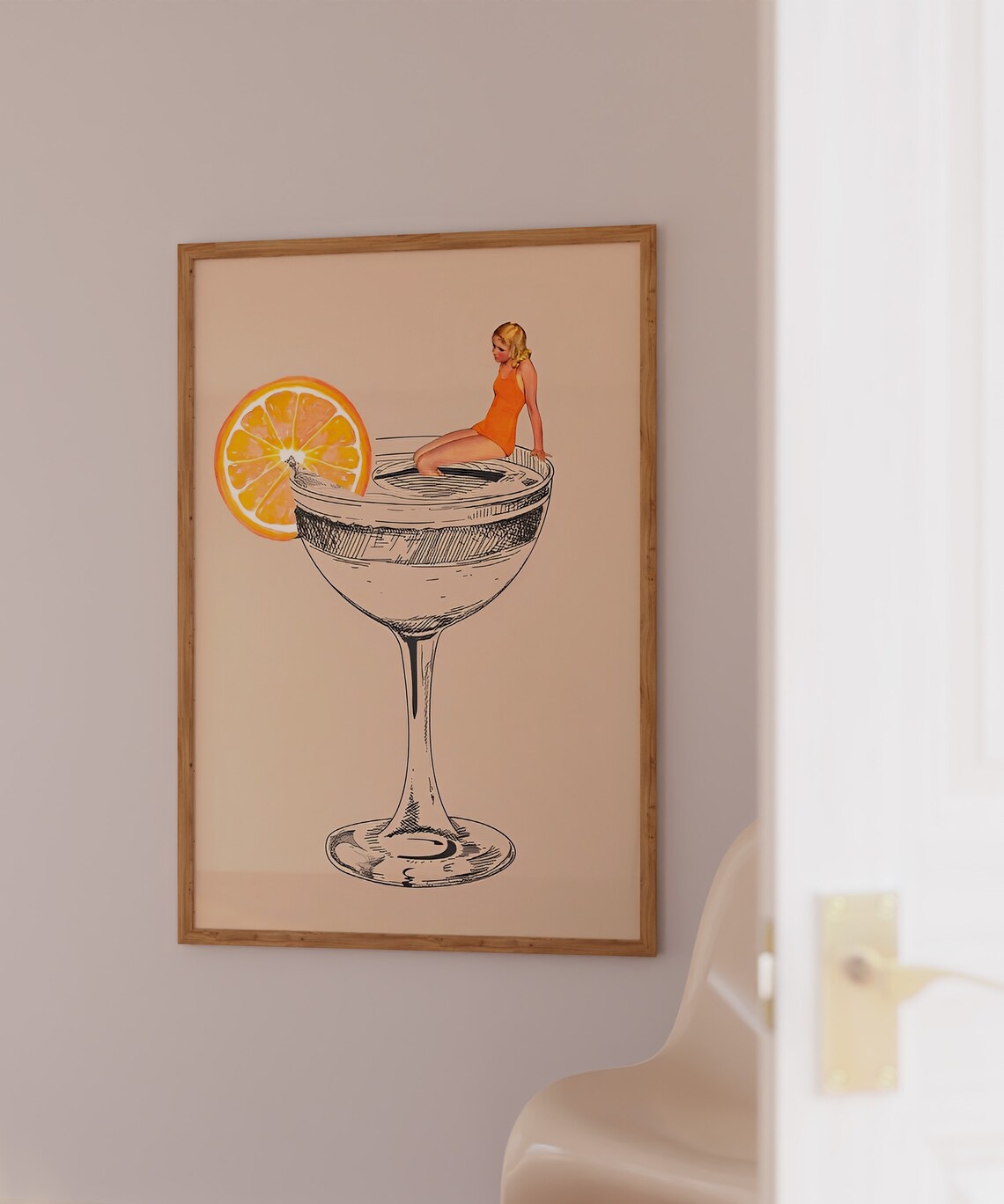 Orange Cocktail Surreal Woman In Giant Coupe Glass Bar Cart Wall Art