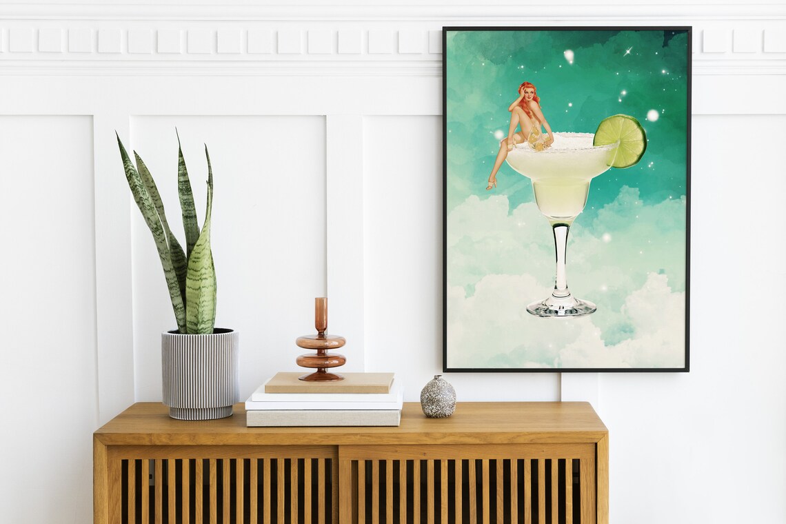 Margarita Glass Pin-Up Woman Teal Starry Sky Bar Cart Poster - Image 2