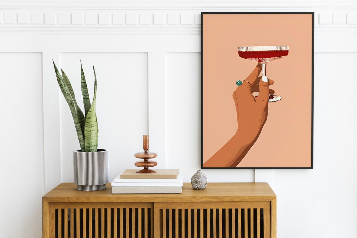 Hand Holding Red Cocktail Minimalist Trendy Bar Poster Art Decor - Image 2