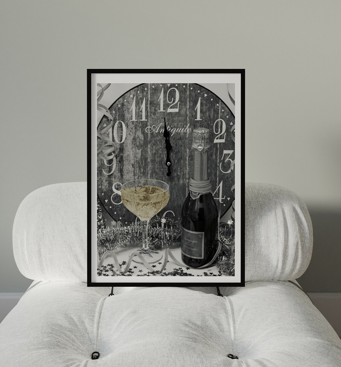 Vintage Clock Near Midnight Champagne Bottle New Year Photo Poster