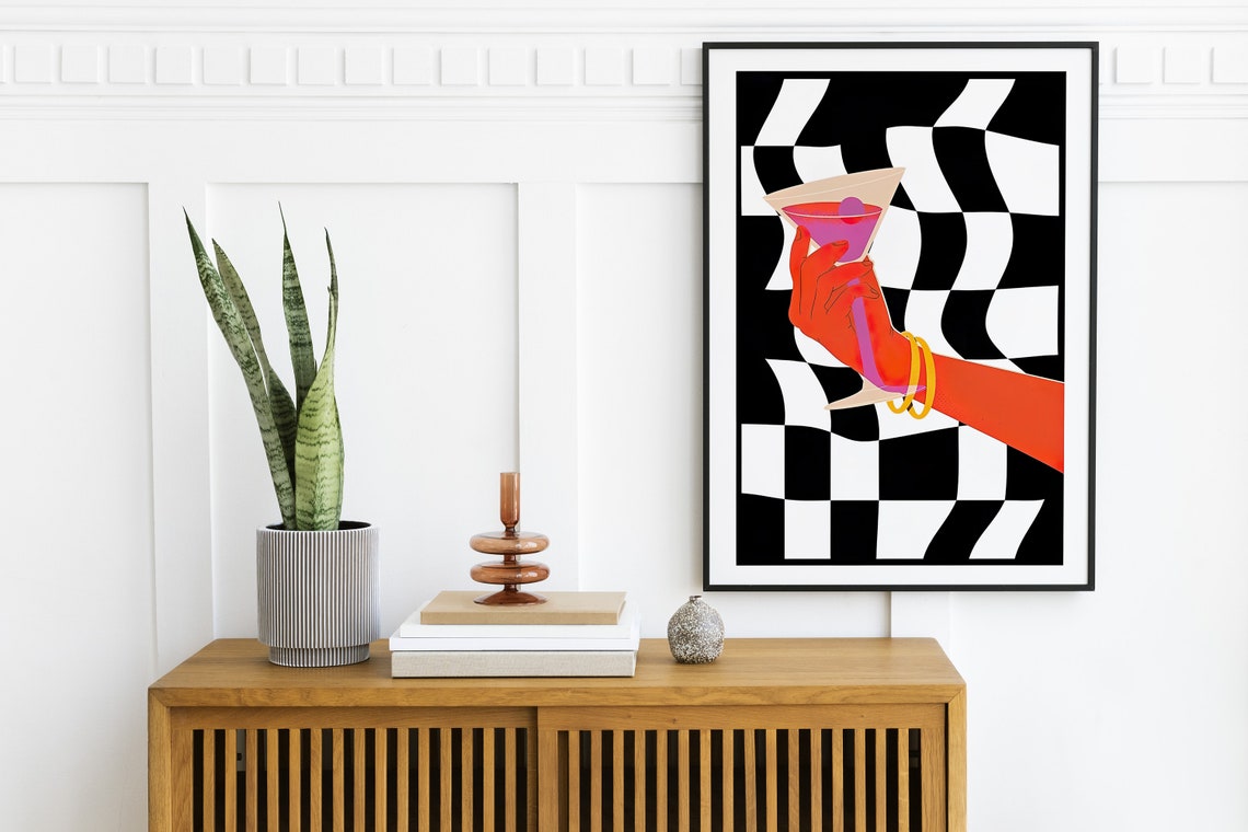 Red Hand Pink Martini Checkerboard Funky Pop Art Cocktail Poster - Image 2