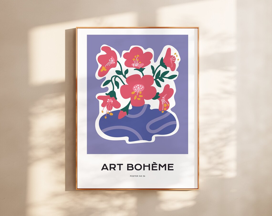 Art Boheme Pink Floral Abstract Blue Vase Modern Graphic Poster