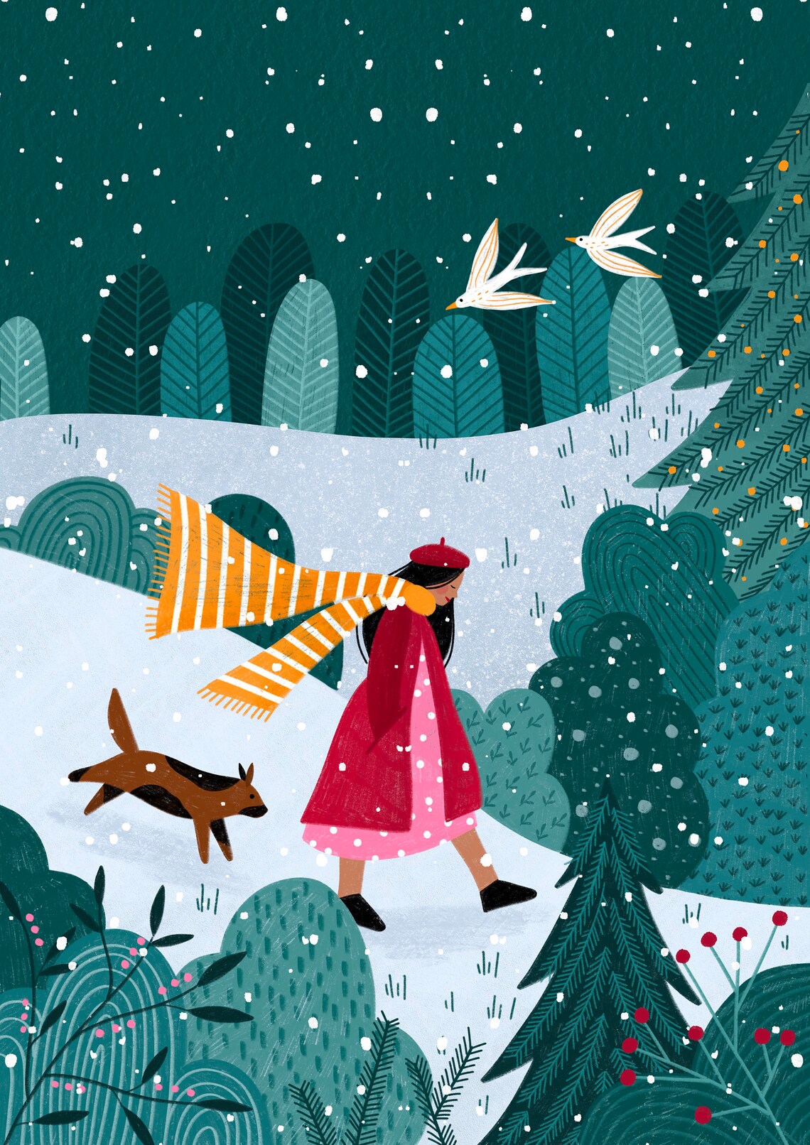 Girl Walking Dog In Snowy Night Forest Winter Illustration Poster - Image 2