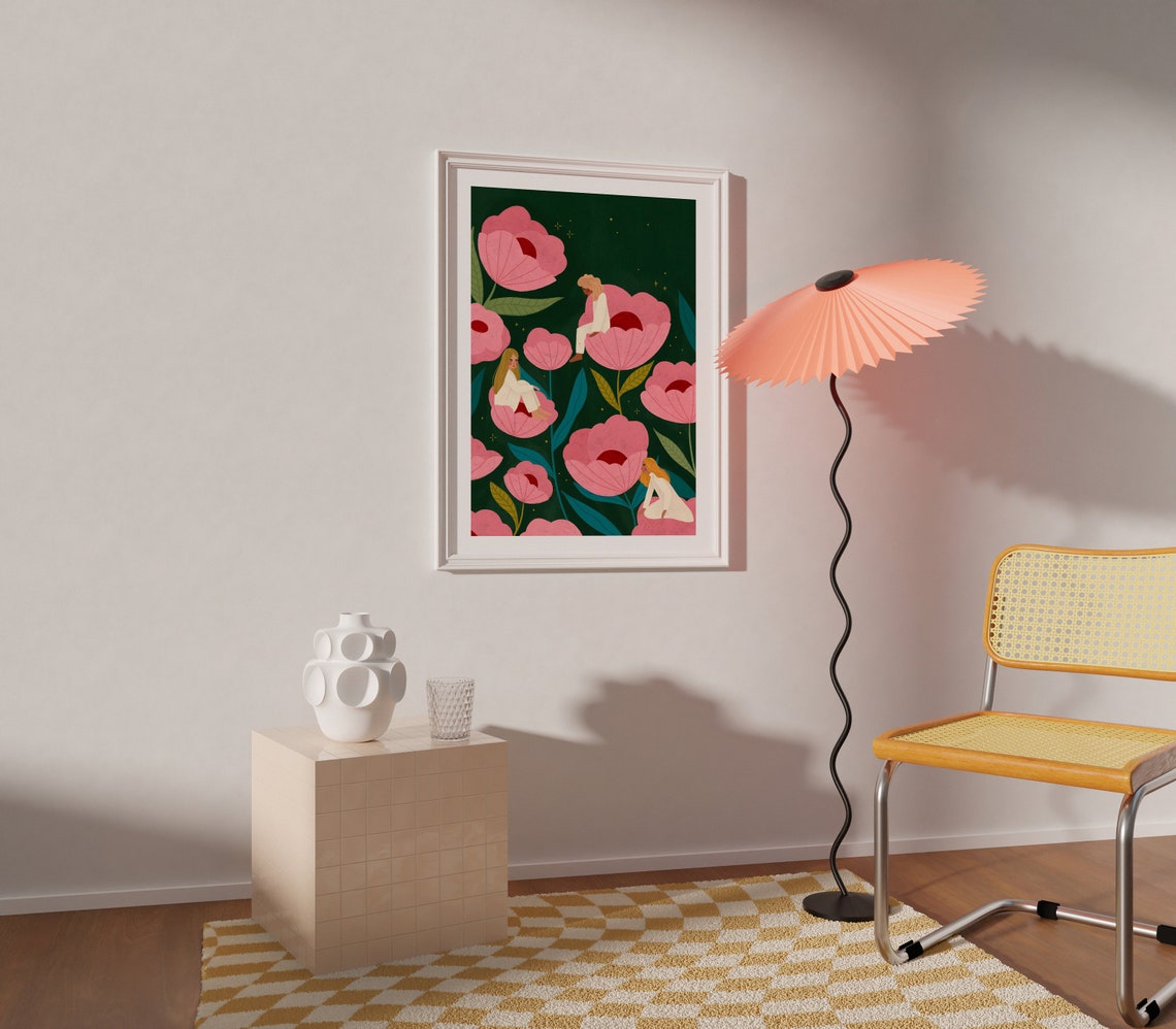 Women Resting Inside Giant Pink Flowers Whimsical Floral Poster - Image 2