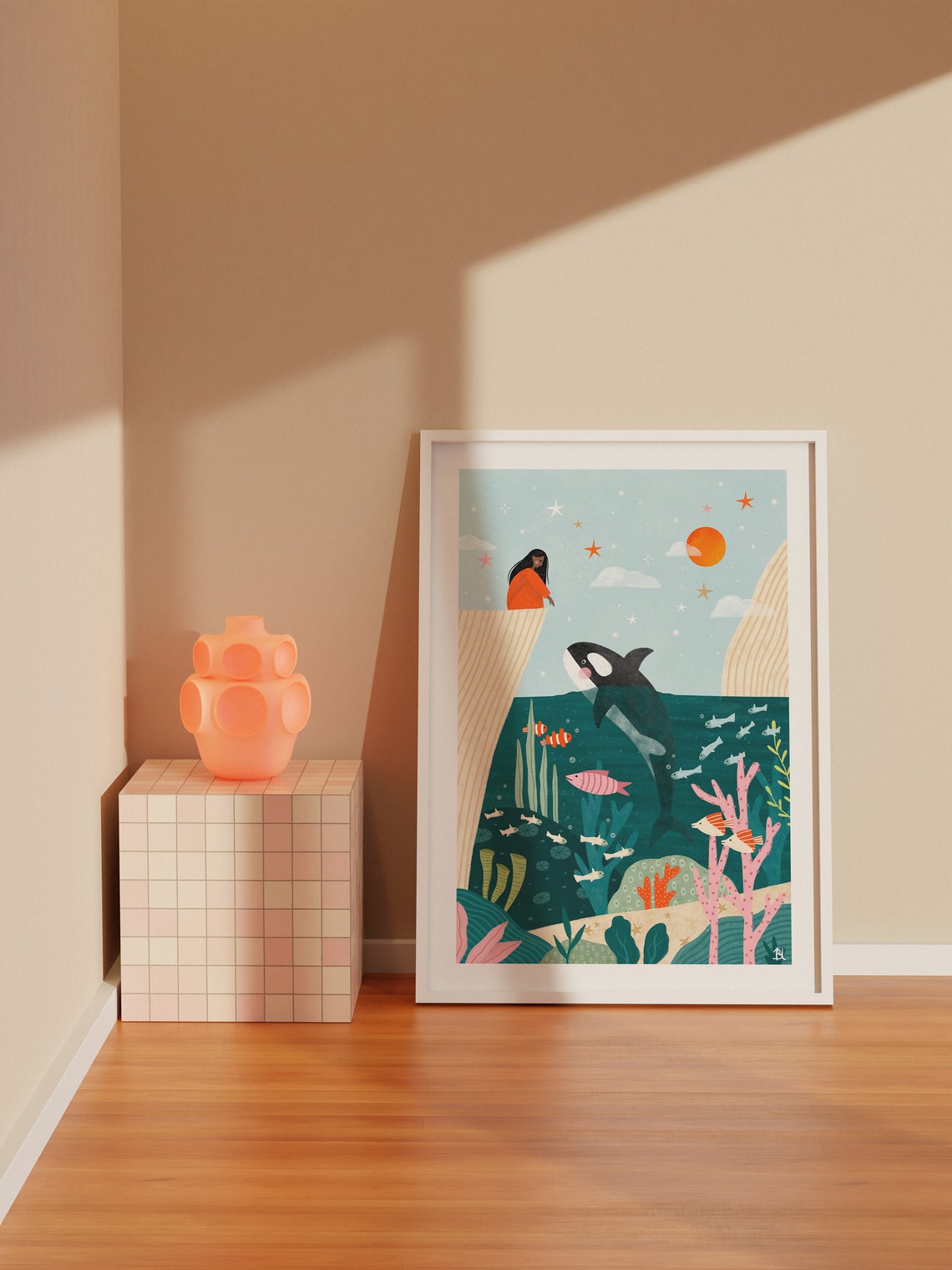 Girl Reaching Out To Orca Whale Ocean Coral Reef Illustration Poster - Image 4