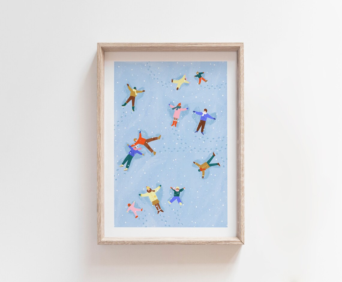 Snow Angels Winter Art Print, Christmas Illustration