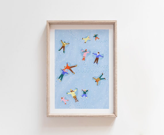 Snow Angels Winter Art Print, Christmas Illustration