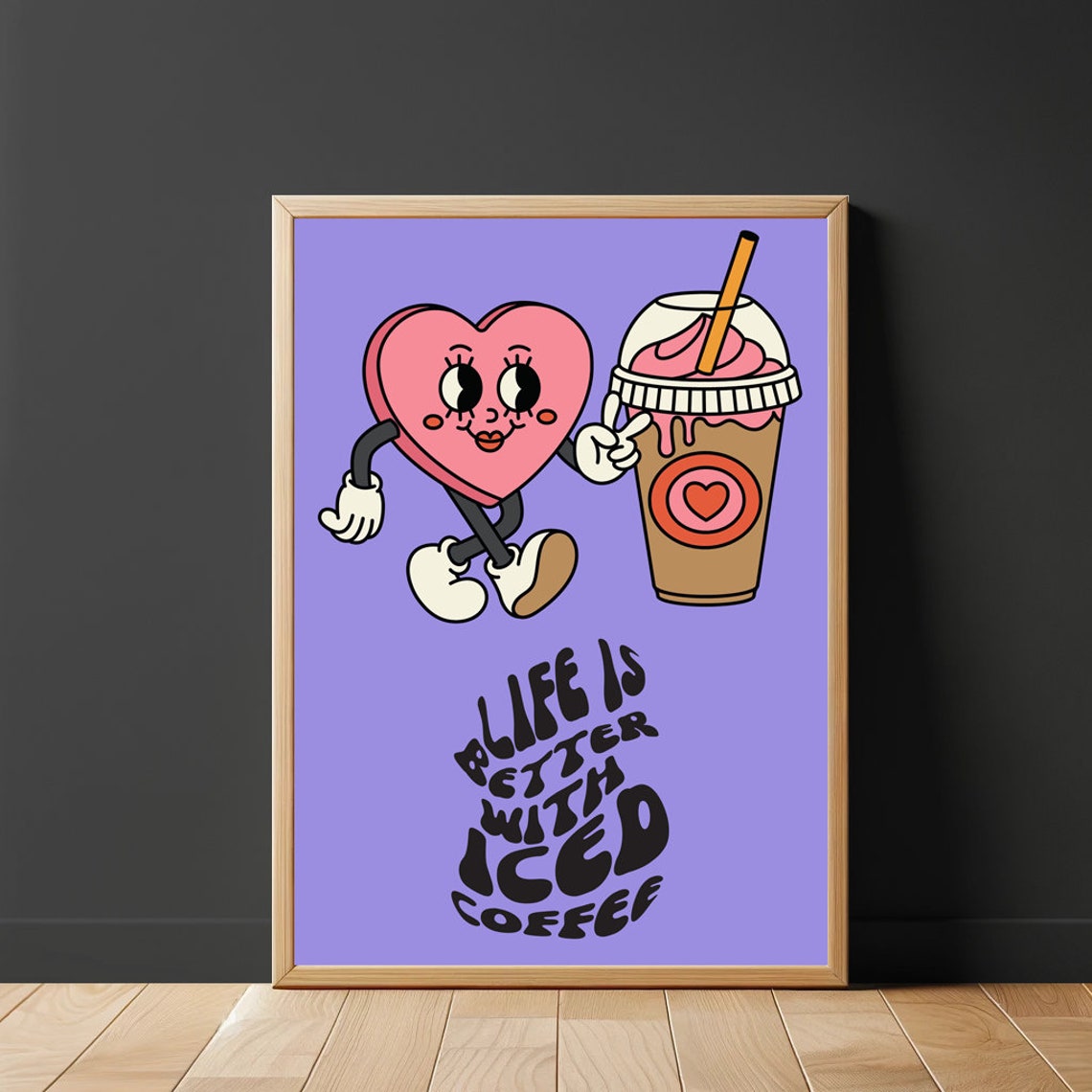 Life Is Better With Iced Coffee Retro Heart Mascot Wall Poster - Image 2
