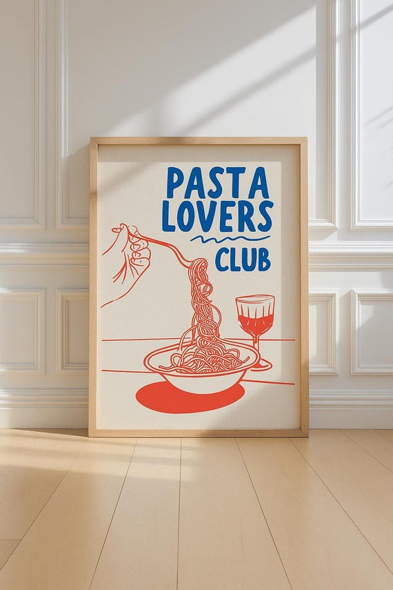 Funny Pasta Lovers Club Print Spaghetti Wine Kitchen Art