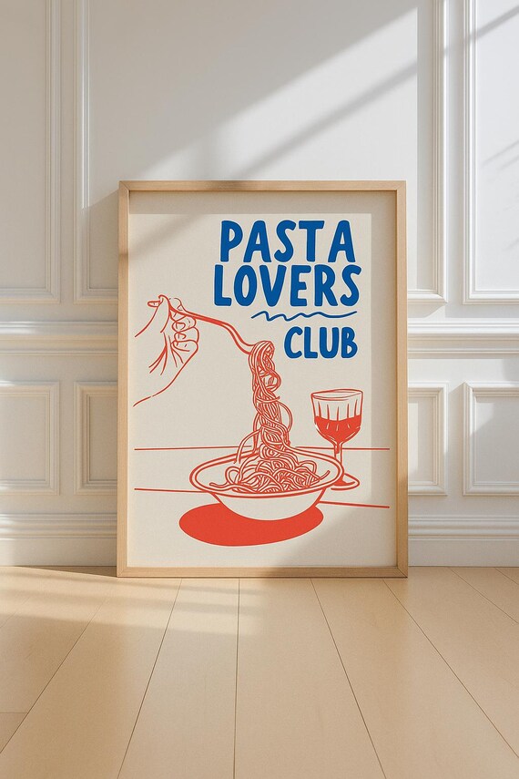 Pasta Lovers Club Spaghetti Wine Kitchen Fun Line Art Poster