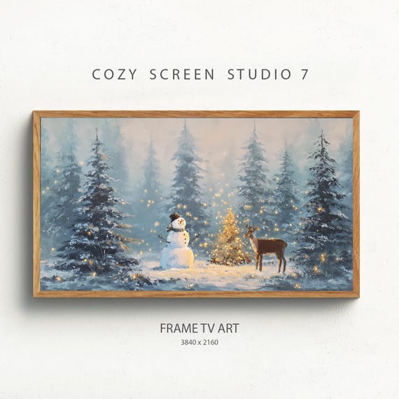 Snowman And Reindeer Magical Christmas Night Oil Painting Snowy Winter Wallpaper