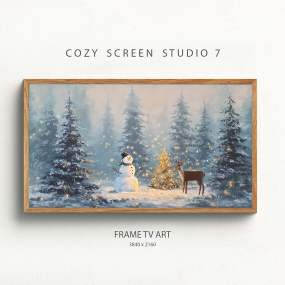 Snowman and Reindeer Magical Snowy Forest Christmas Art Poster