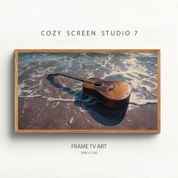 Acoustic Guitar On Beach Frame Tv Art Tropical Painting