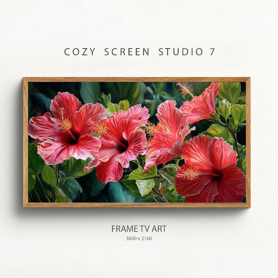 Red Hibiscus Flowers Tropical Floral Oil Painting Summer Wall Art