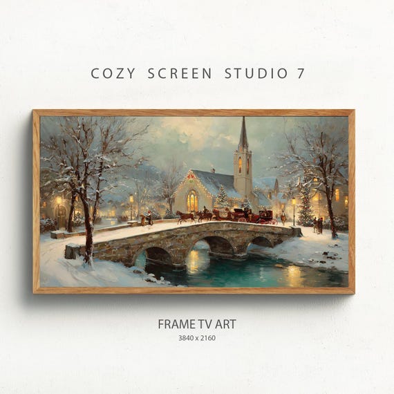 Vintage Christmas Bridge Painting Winter Scene Frame Tv Art