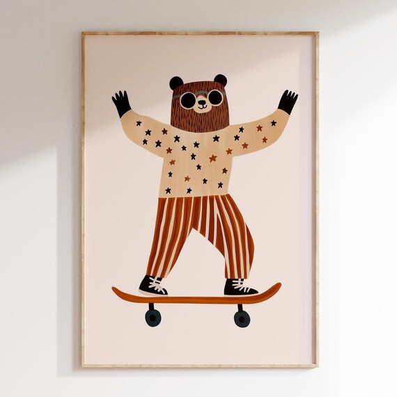 Skateboarding Bear Cool Sunglasses Cute Kids Playroom Nursery Poster
