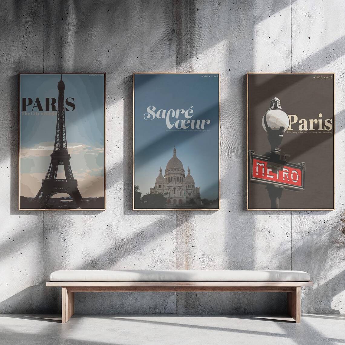 Set of 3 Paris Travel Poster Eiffel Tower Sacre Coeur Metro Decor