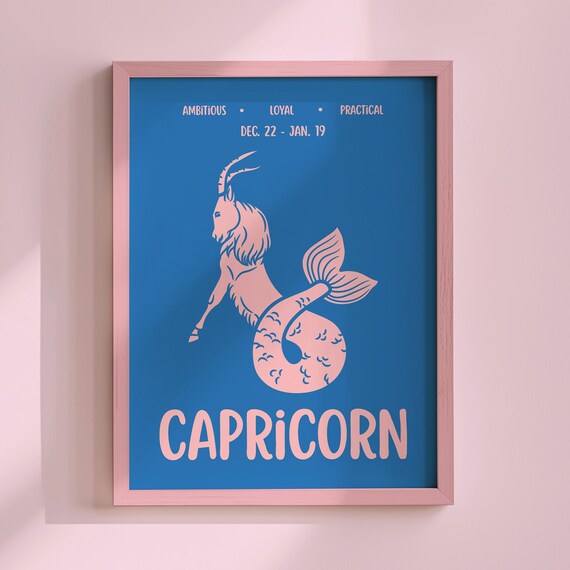 Capricorn Zodiac Sea Goat Poster Blue Pink Maximalist Ambitious Star Sign Decor