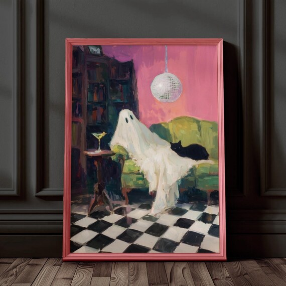 Fun Pink Disco Ghost Halloween Black Cat Retro Party Wall Art