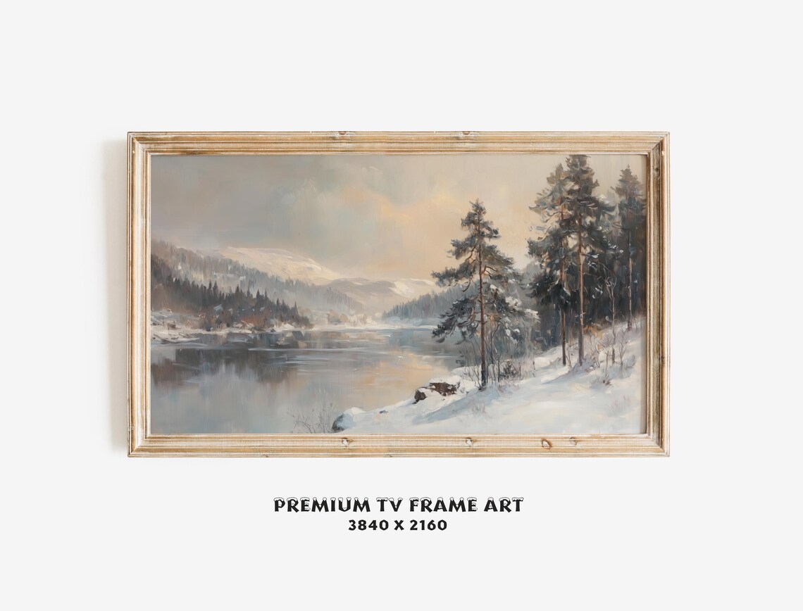 Winter Lake Northern Pines Snowy Mountains Dawn Landscape TV Wall Art - Image 2