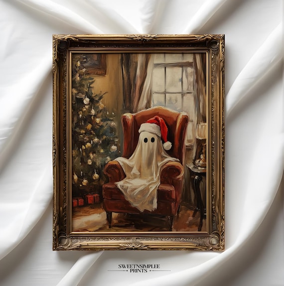 Cute Christmas Ghost Poster Santa Hat Vintage Spooky Holiday Decor