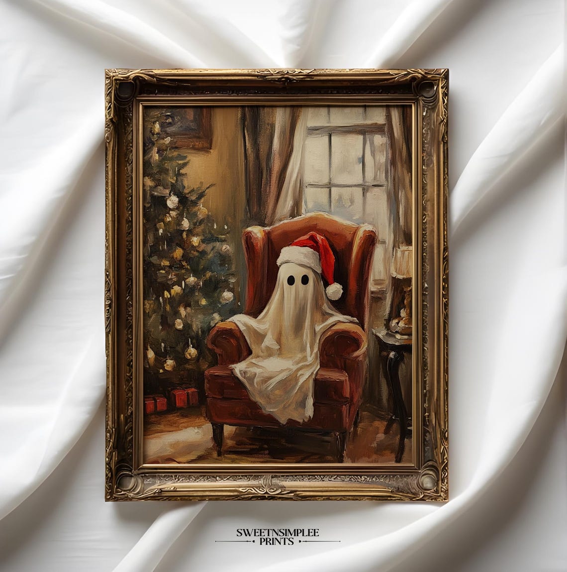 Cute Christmas Ghost Poster Santa Hat Vintage Spooky Holiday Decor