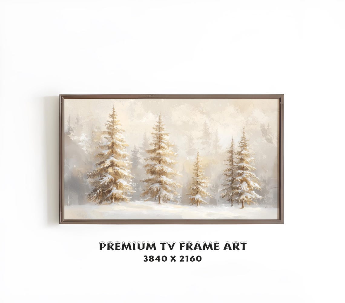 Golden Christmas Trees Snowy Pines Warm Neutral Winter Forest Wall Art