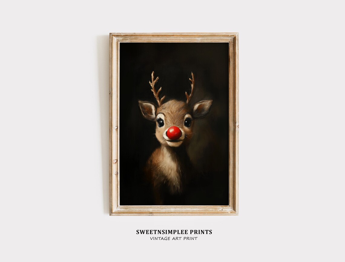 Rudolph Red-Nosed Reindeer Portrait Vintage Oil Painting Poster - Image 2