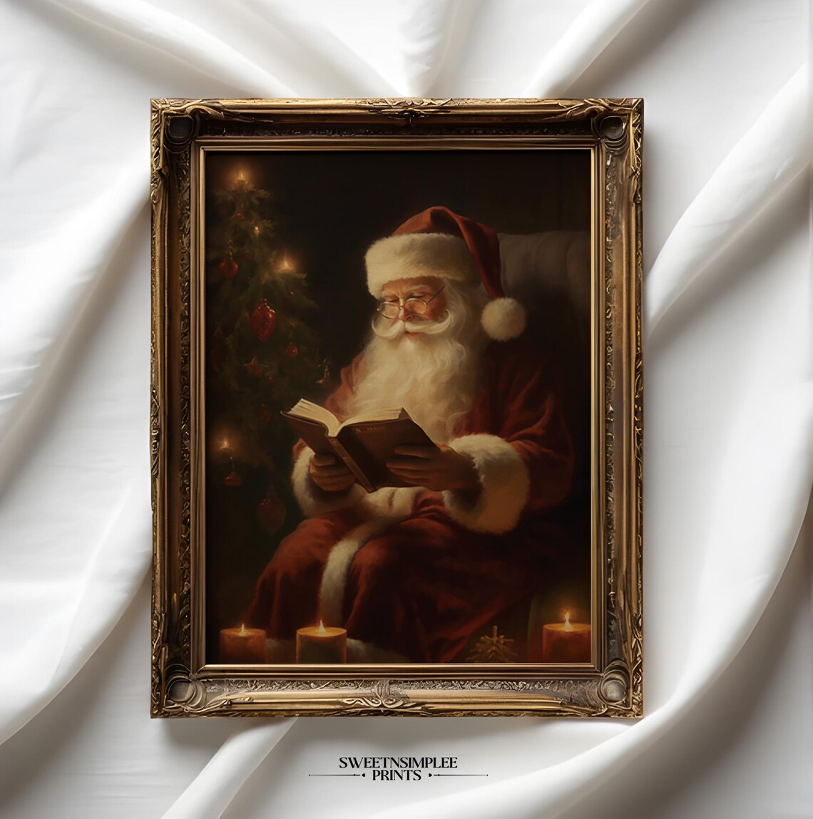 Santa Claus Reading Book By Candlelight Vintage Oil Painting Poster