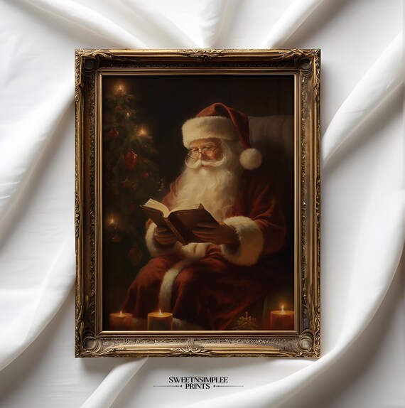 Santa Claus Reading Book By Candlelight Vintage Oil Painting Poster