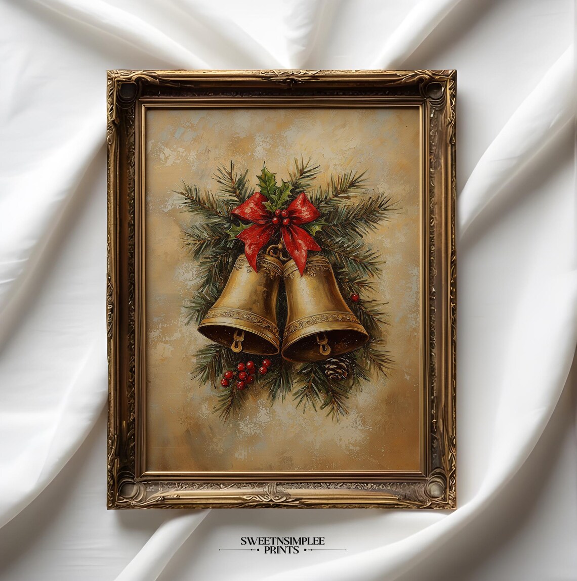 Golden Christmas Bells With Red Bow And Holly Vintage Holiday Poster