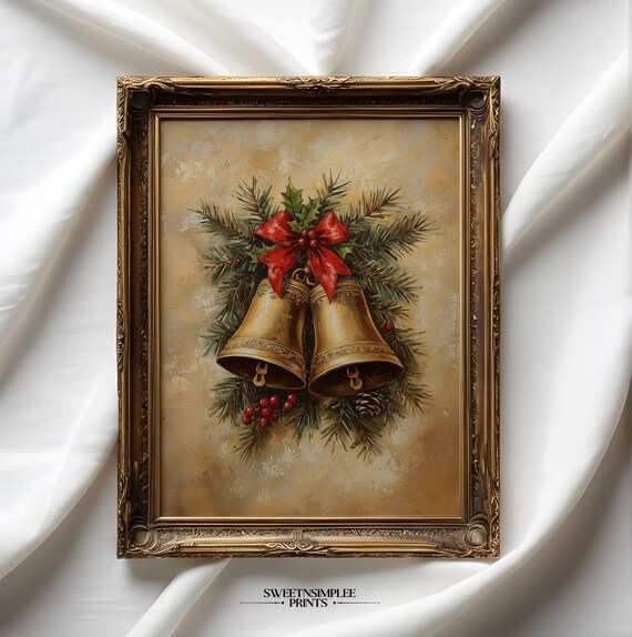 Golden Christmas Bells With Red Bow And Holly Vintage Holiday Poster