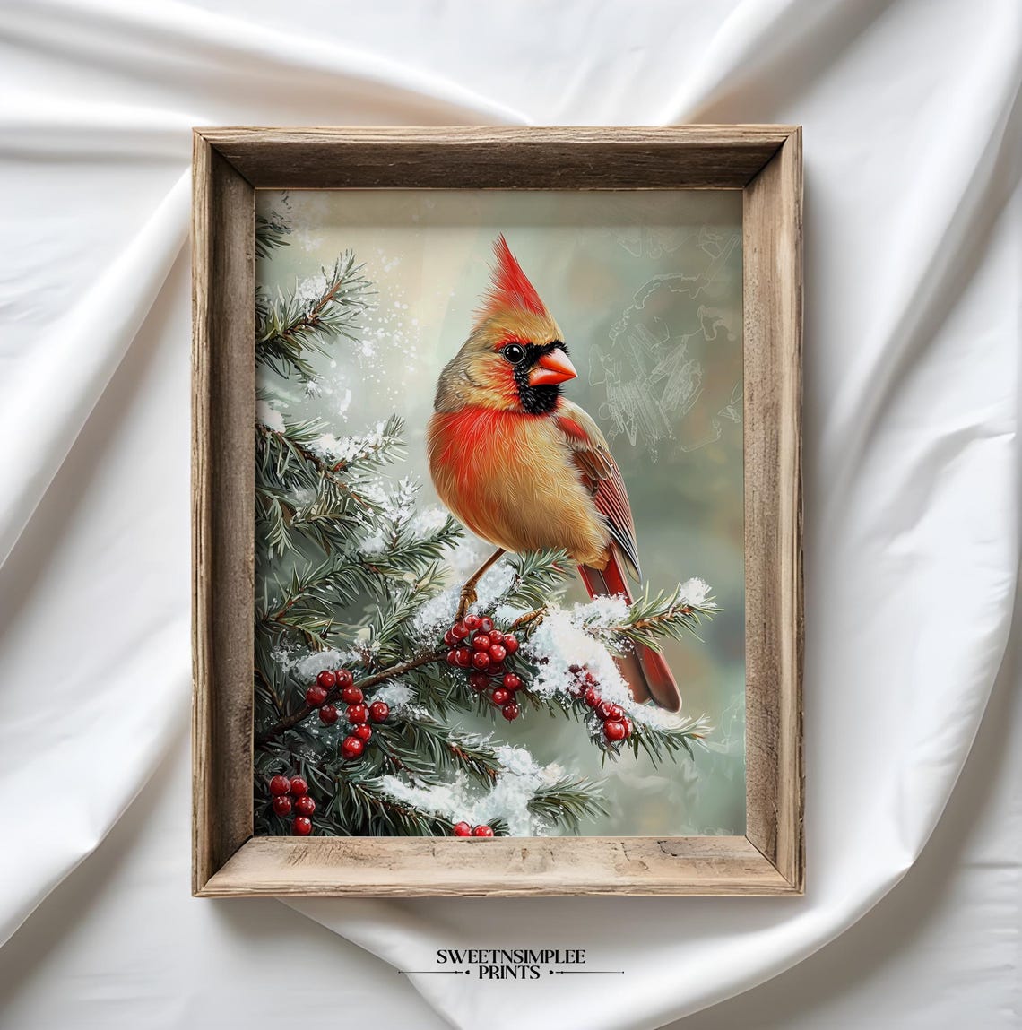 Northern Cardinal Perched On Snowy Pine Branch With Berries Poster - Image 2