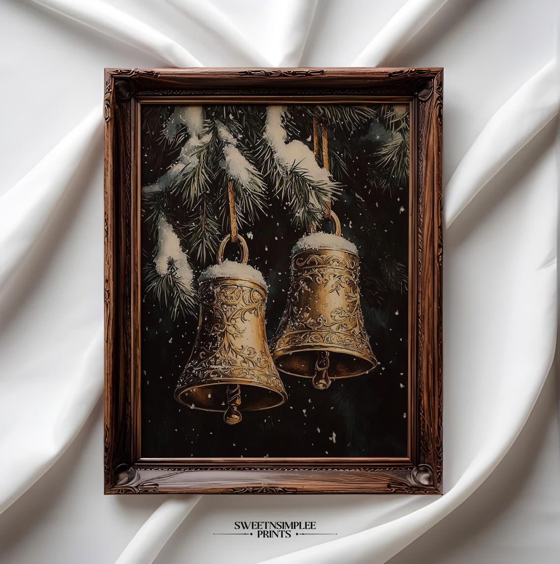 Two Golden Bells On Snowy Pine Branches Dark Christmas Poster - Image 2