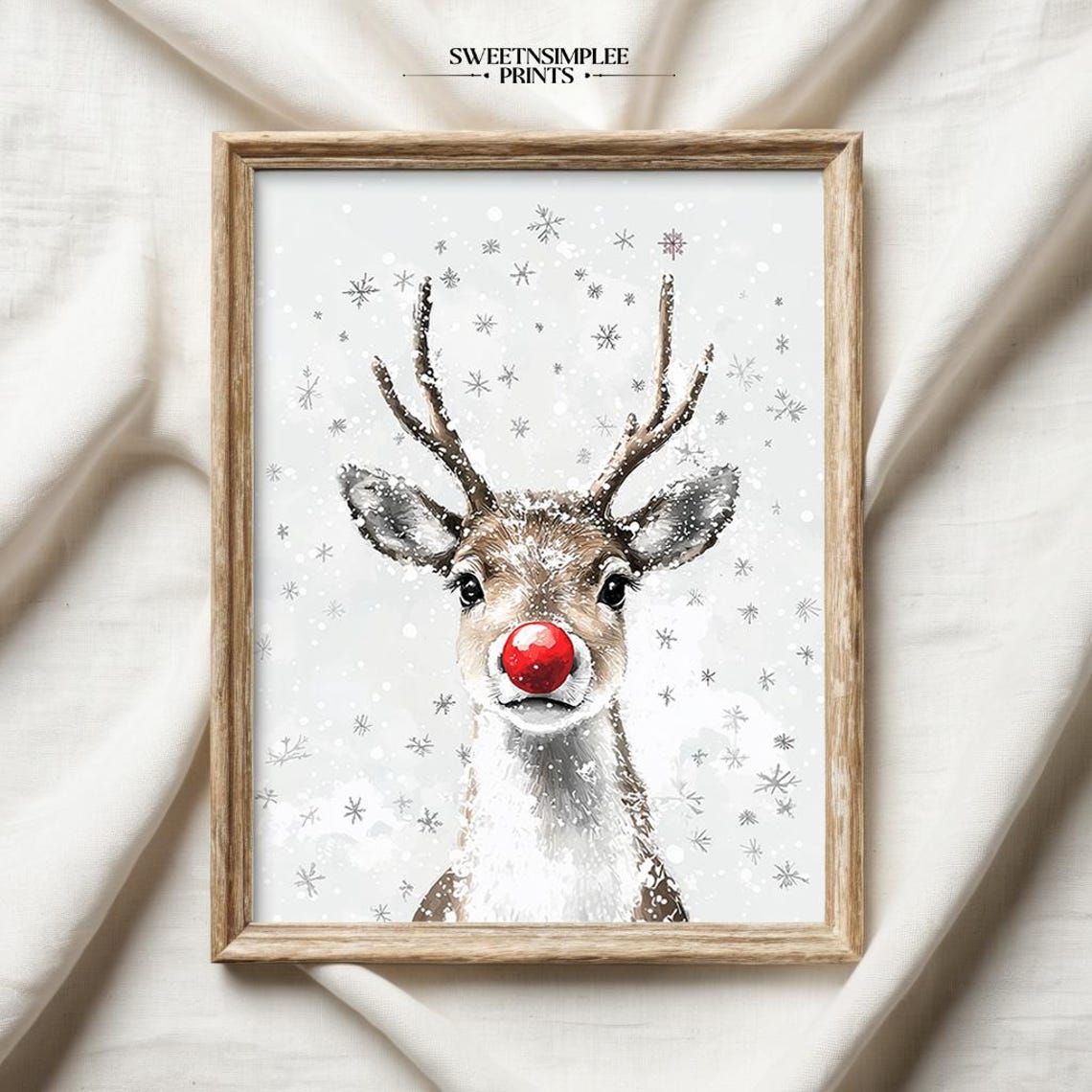 Cute Red Nosed Reindeer With Snowflakes Whimsical Christmas Poster - Image 2