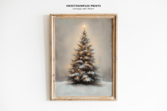 Snowy Christmas Tree With Glowing Lights Neutral Winter Poster
