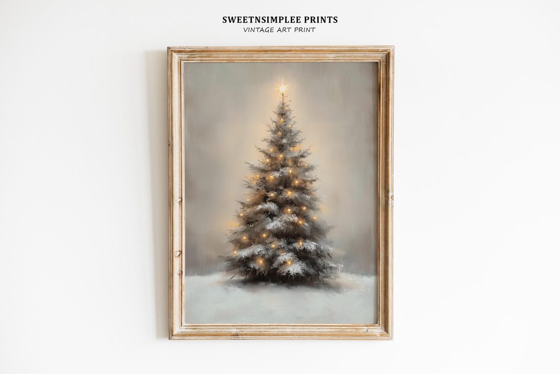 Snowy Christmas Tree With Glowing Lights Neutral Winter Poster