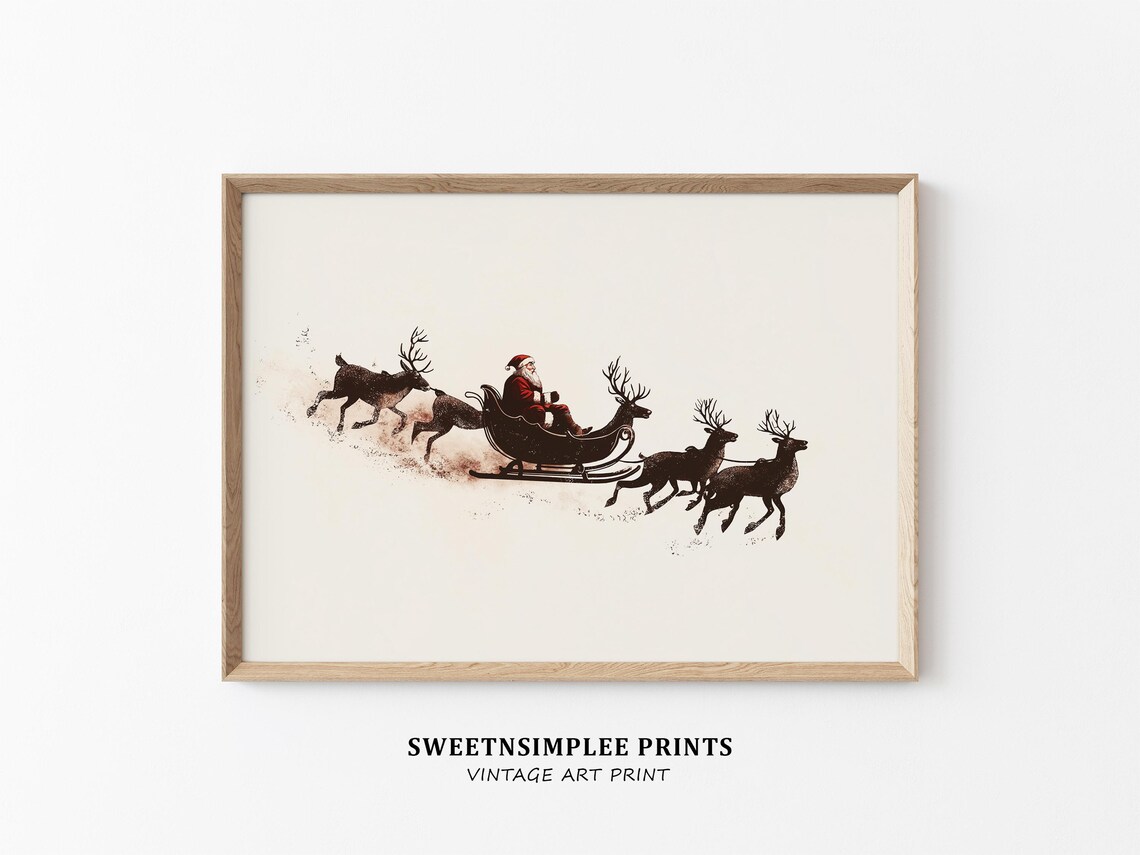 Minimalist Santa Sleigh Silhouette Ink Sketch Vintage Christmas Poster