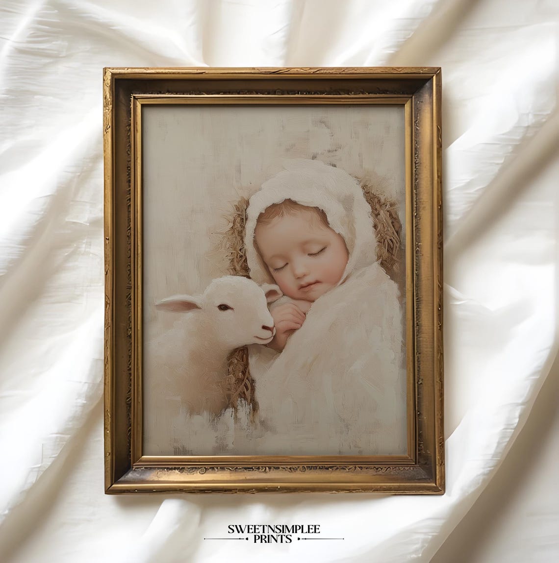 Sleeping Baby with Lamb Poster Soft Neutral Nativity Nursery Decor