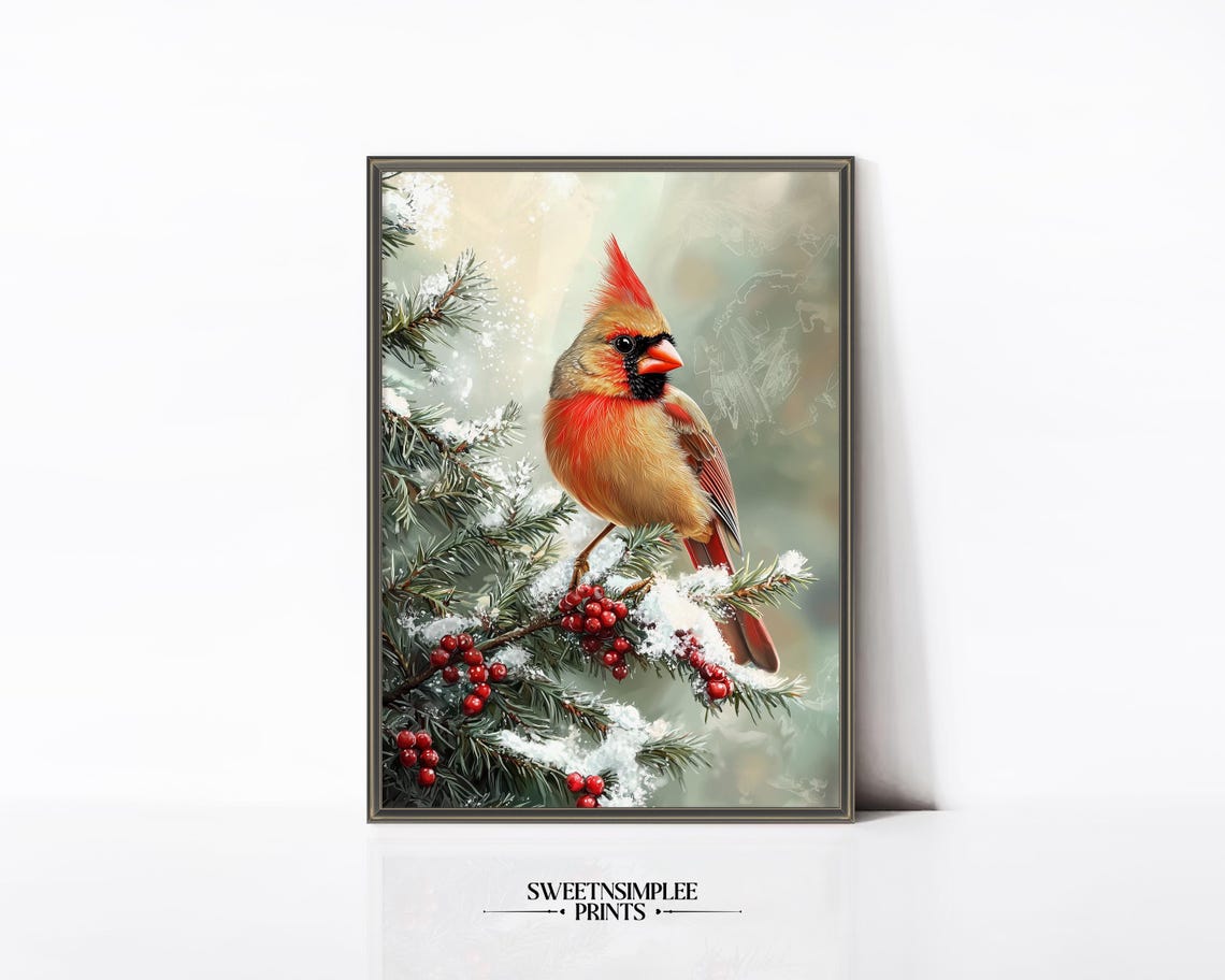 Northern Cardinal Perched On Snowy Pine Branch With Berries Poster