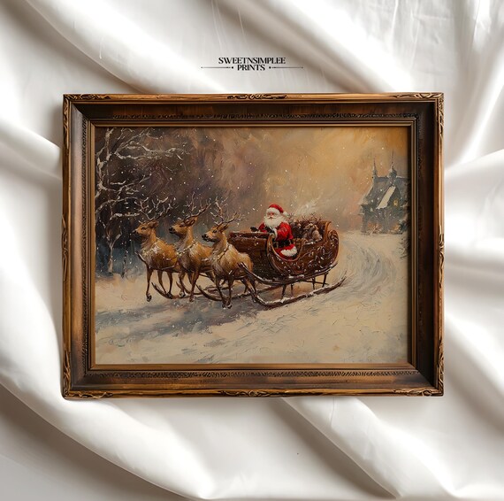 Vintage Santa Claus Driving Reindeer Sleigh in Snow Holiday Poster