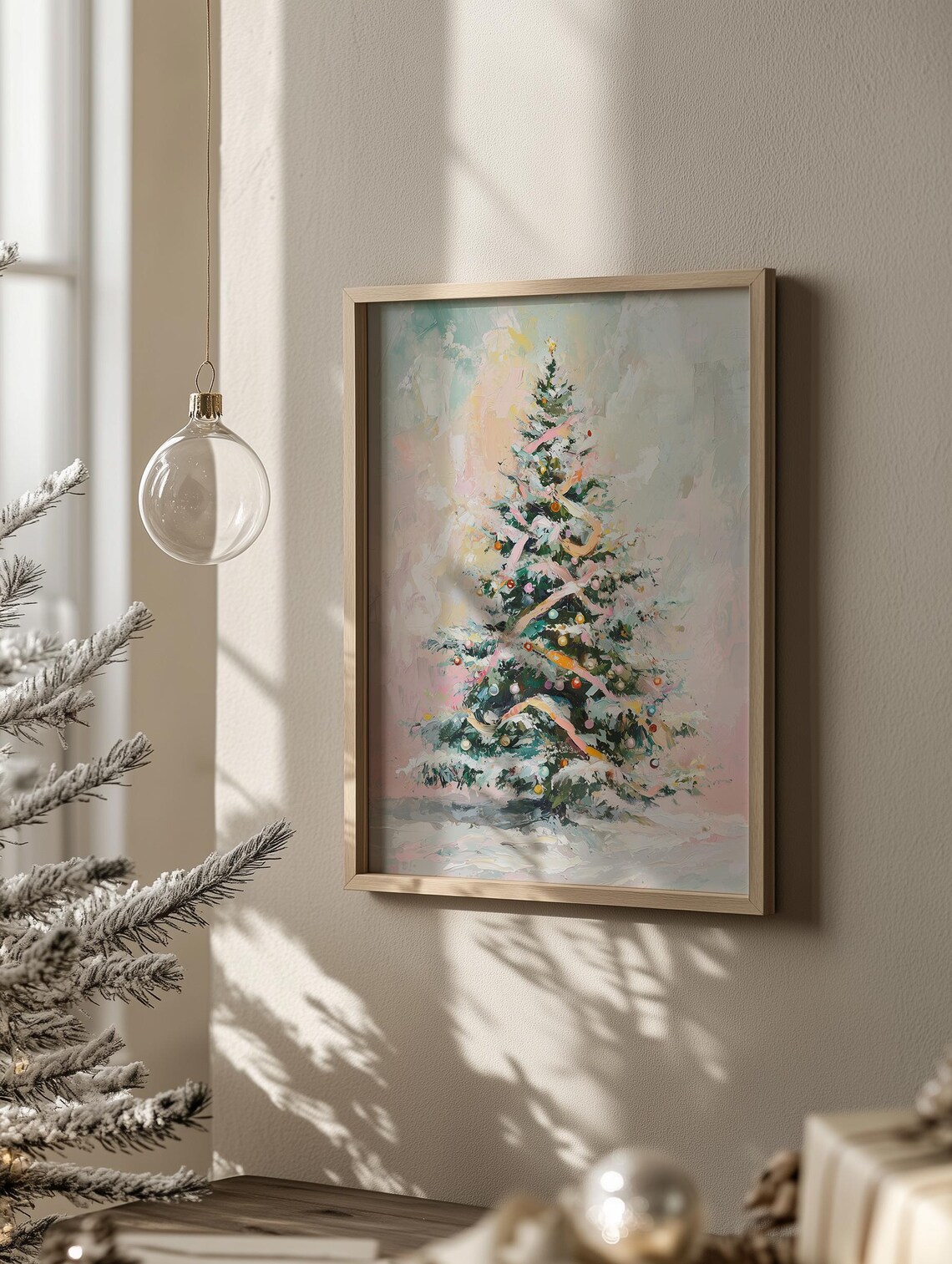 Pastel Pink Christmas Tree Poster Retro Colorful Holiday Painting - Image 3