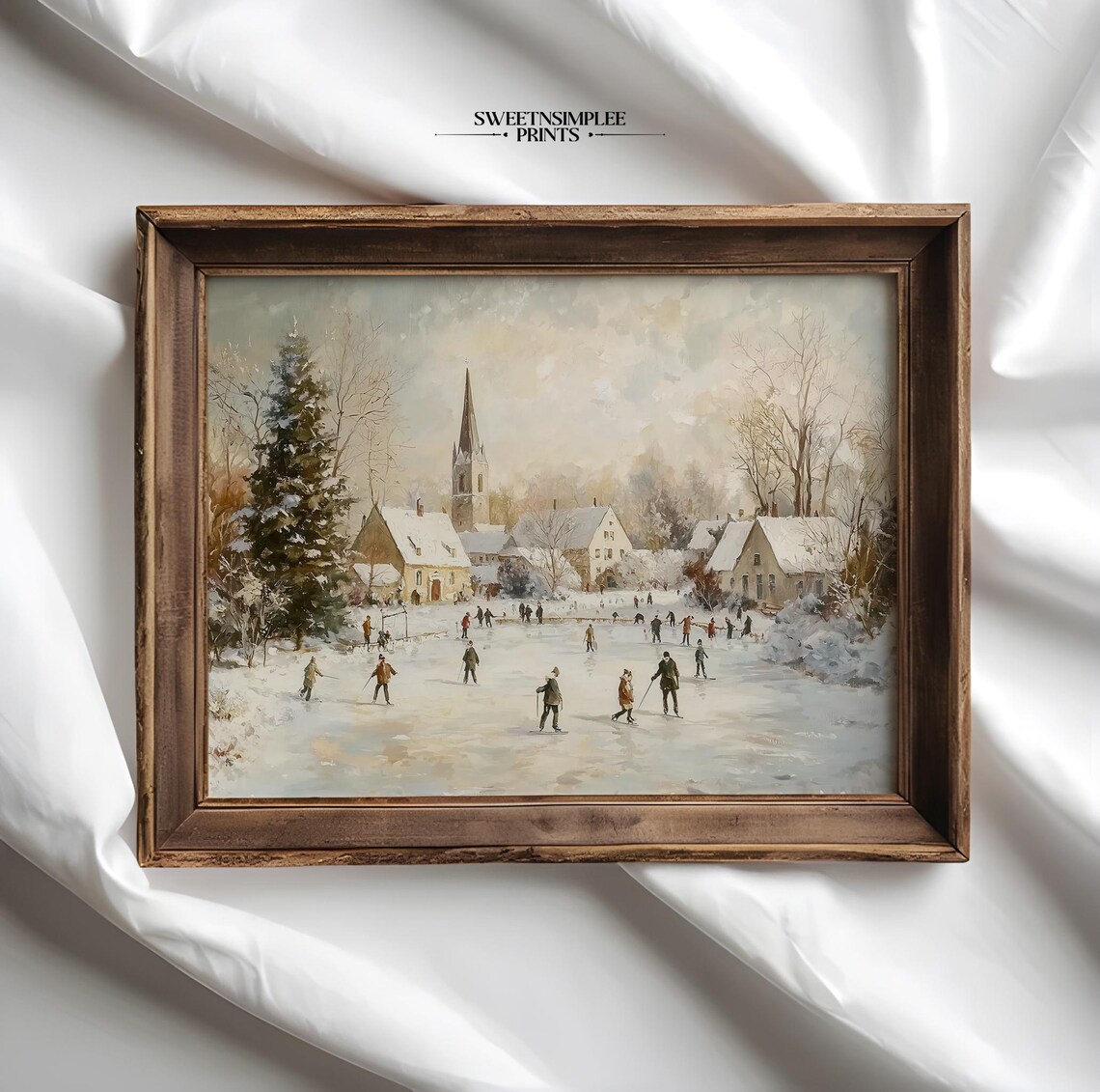 Vintage Winter Village Ice Skating Pond With Church Painting Poster - Image 2