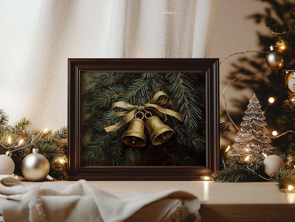 Brass Bells Gold Ribbon Poster Dark Pine Christmas Holiday Decor - Image 3