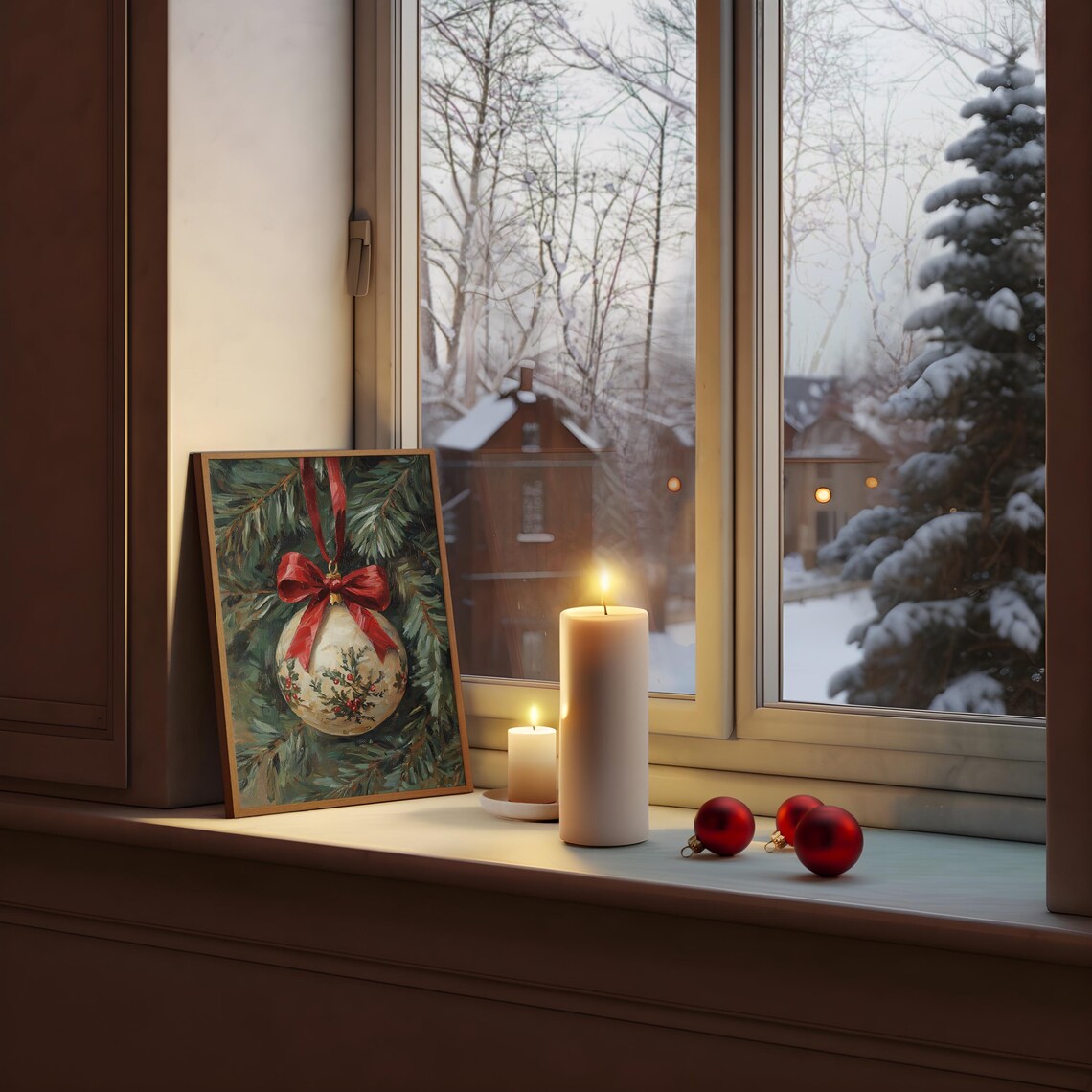 Vintage Christmas Ornament With Red Bow on Evergreen Branch Poster - Image 3