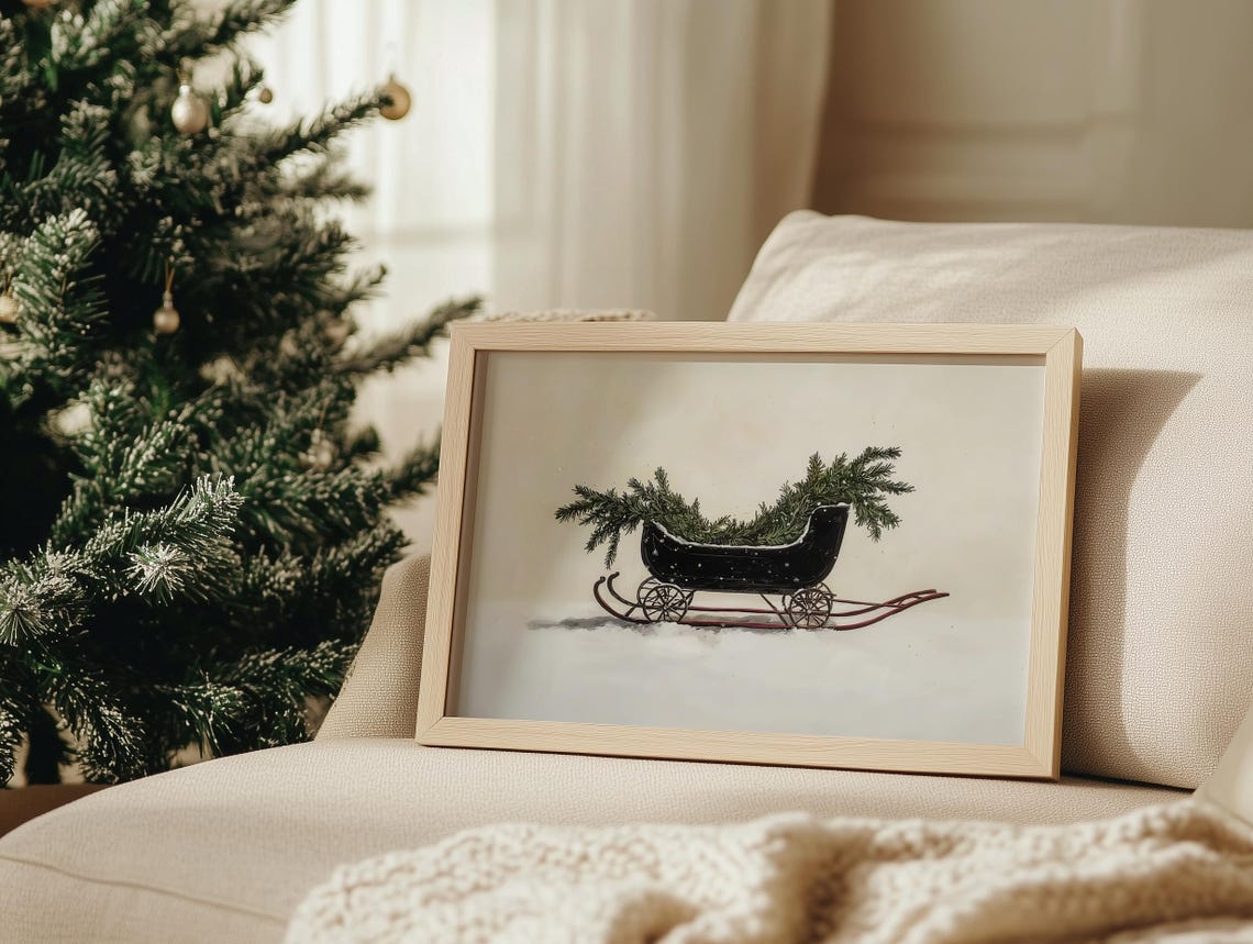 Minimalist Black Sleigh With Greenery on Cream Background Poster - Image 3