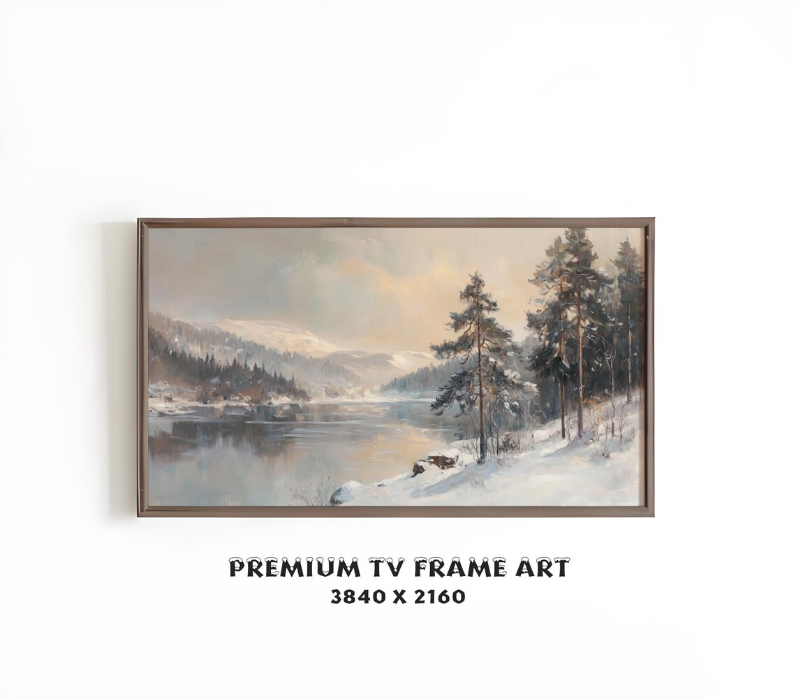 Winter Lake Northern Pines Snowy Mountains Dawn Landscape TV Wall Art