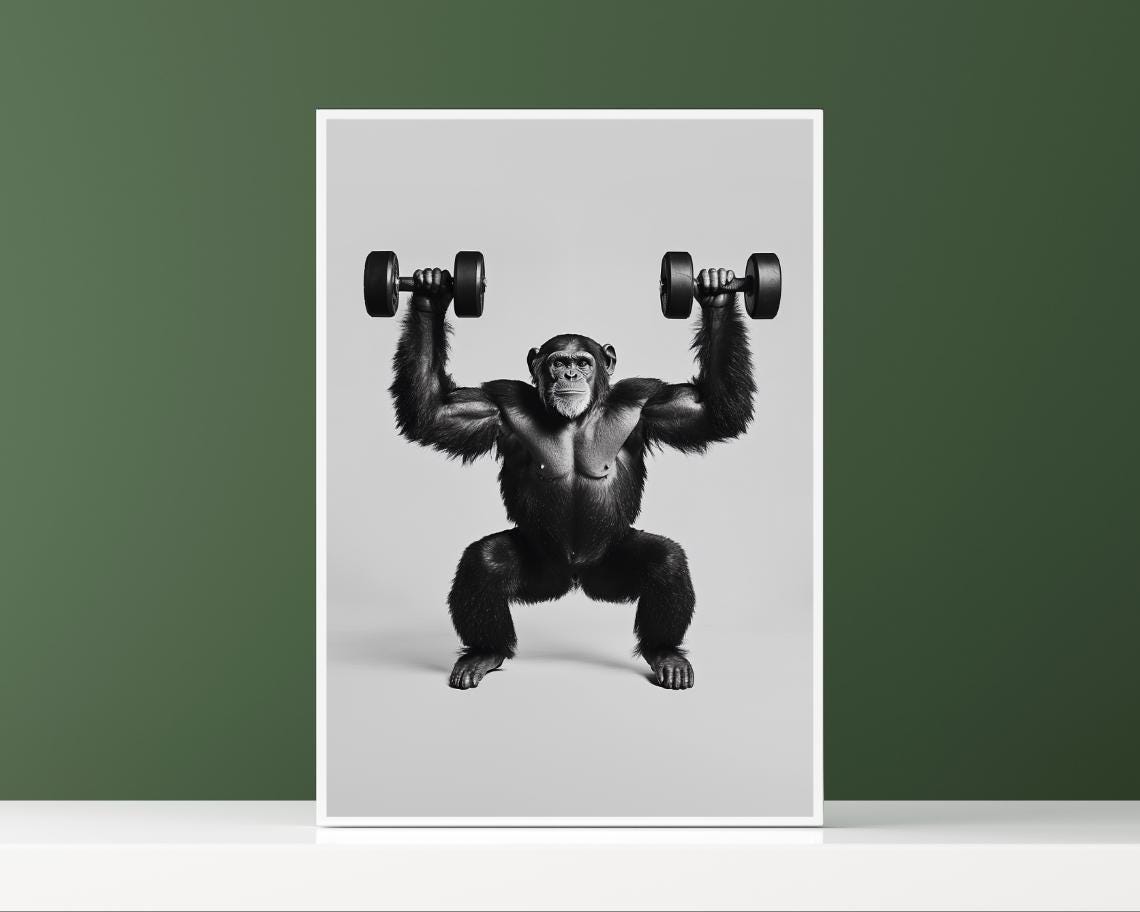 Funny Fitness Poster Chimpanzee With Dumbbells Humorous Animal Art Gift For Fitness Enthusiasts Animal Illustration - Image 2